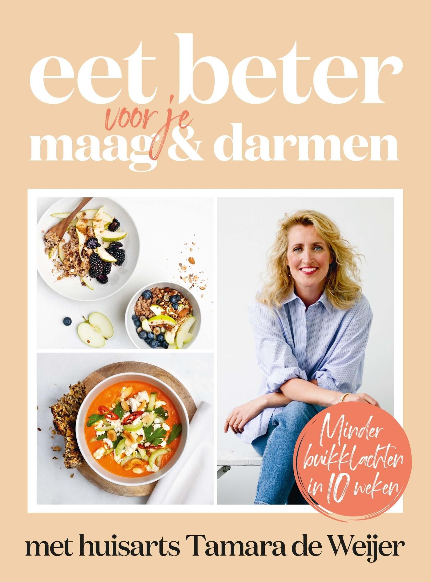 Boekcover: vrouw met kommen vol eten. Tekst: 