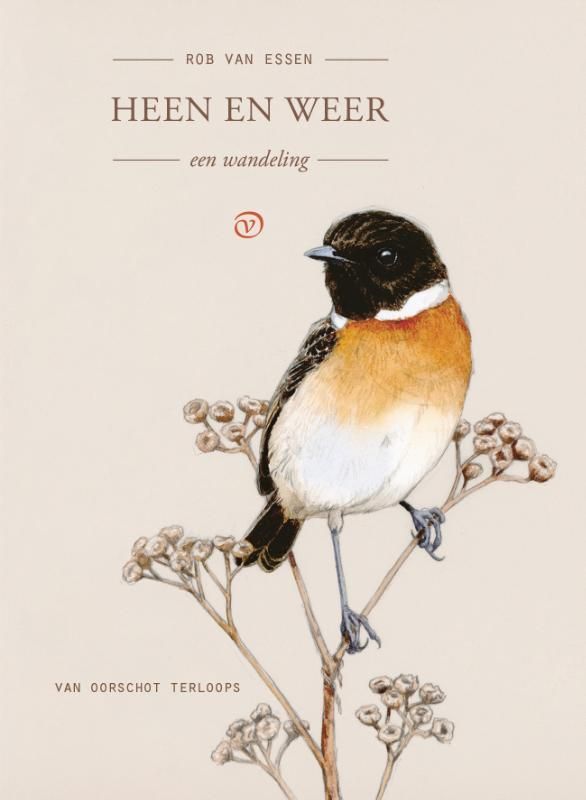 Boekomslag met een vogel die op een plant zit. Bruine, oranje, zwarte en witte kleuren. Tekst: Heen en Weer.