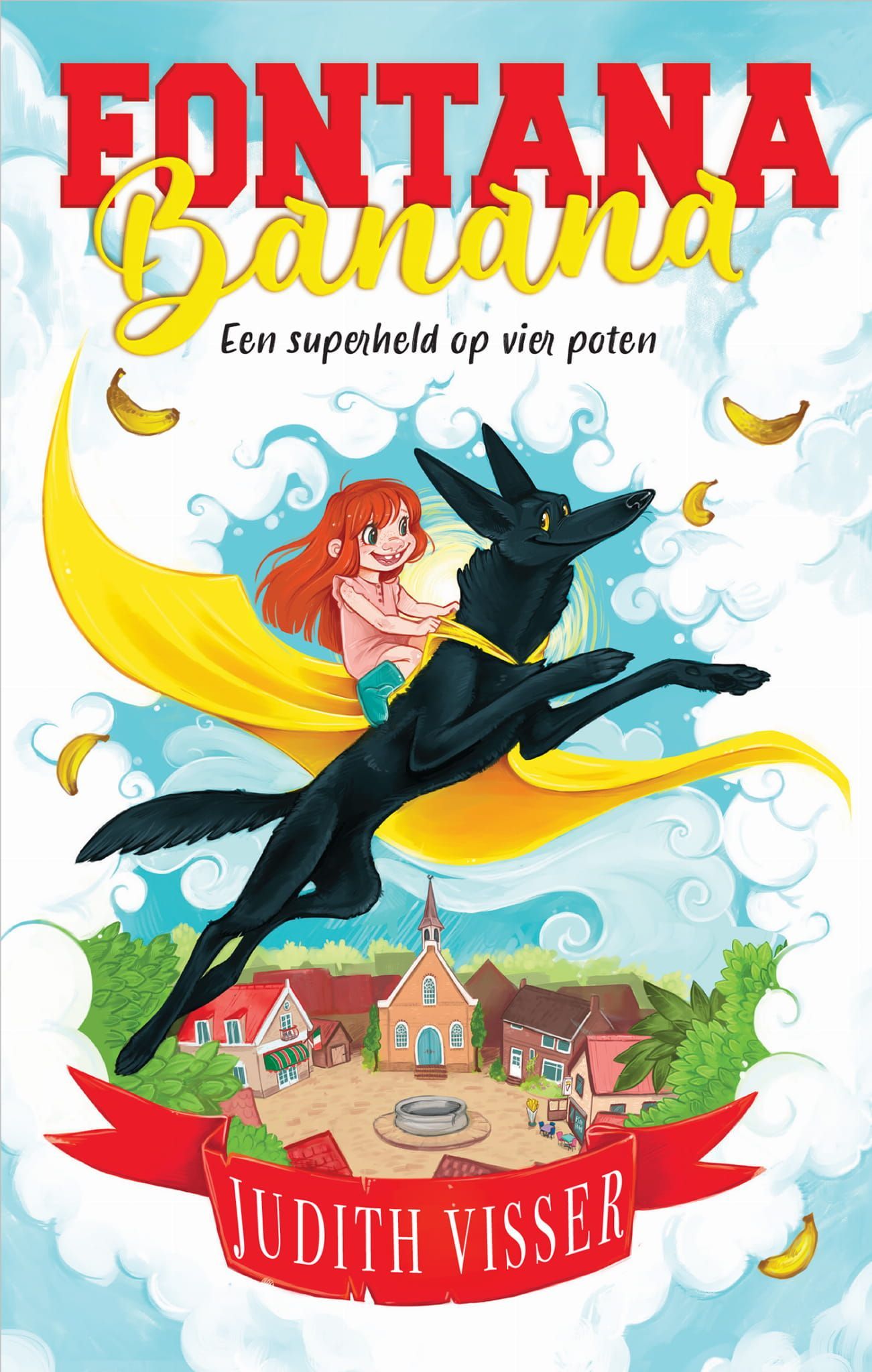 Omslagillustratie: Meisje op een maanvormige banaan rijdt op een zwarte hond door een dorp.