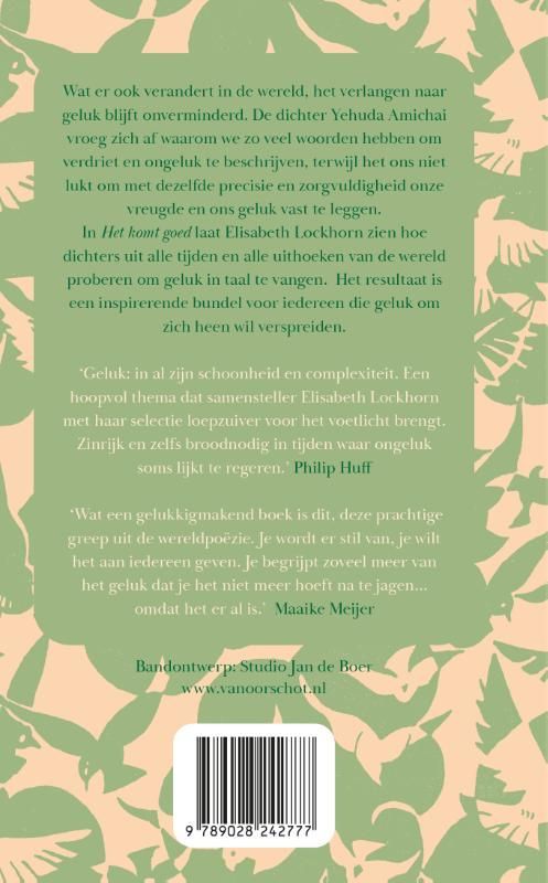 Boekcover: Groen en perzik, met vogels en tekst in het Nederlands, titel 