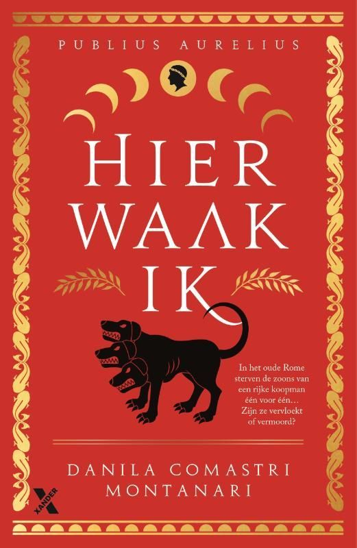 Boekcover: Rood, goud. Een hond met drie koppen. Tekst: 