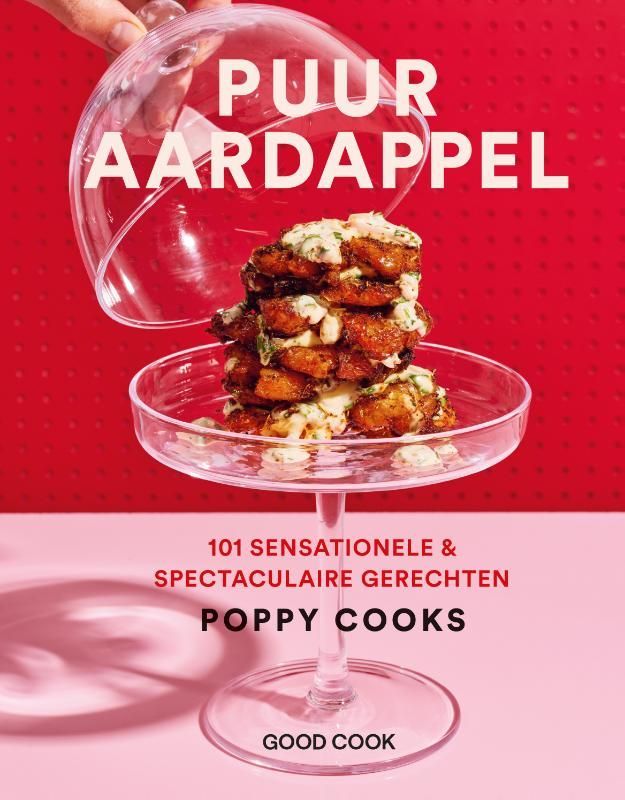 Omslag van een kookboek: stapel aardappelgerechten onder een glazen stolp, rode en roze achtergrond. Nederlandse tekst.