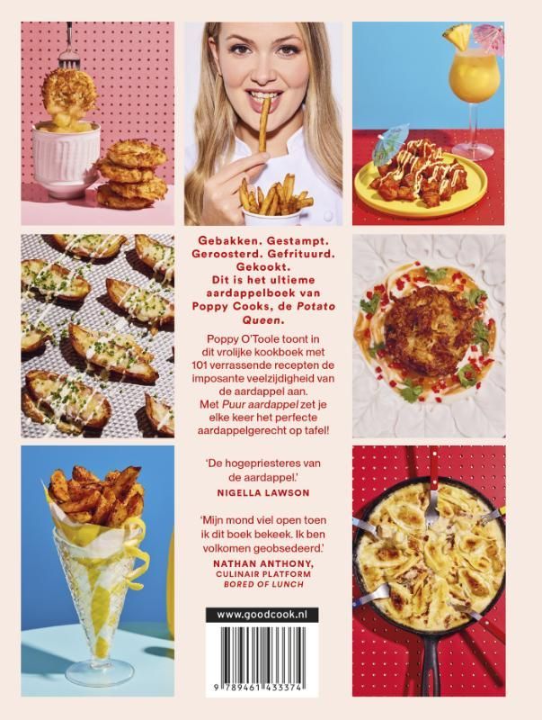 Omslag van een kookboek: stapel aardappelgerechten onder een glazen stolp, rode en roze achtergrond. Nederlandse tekst.