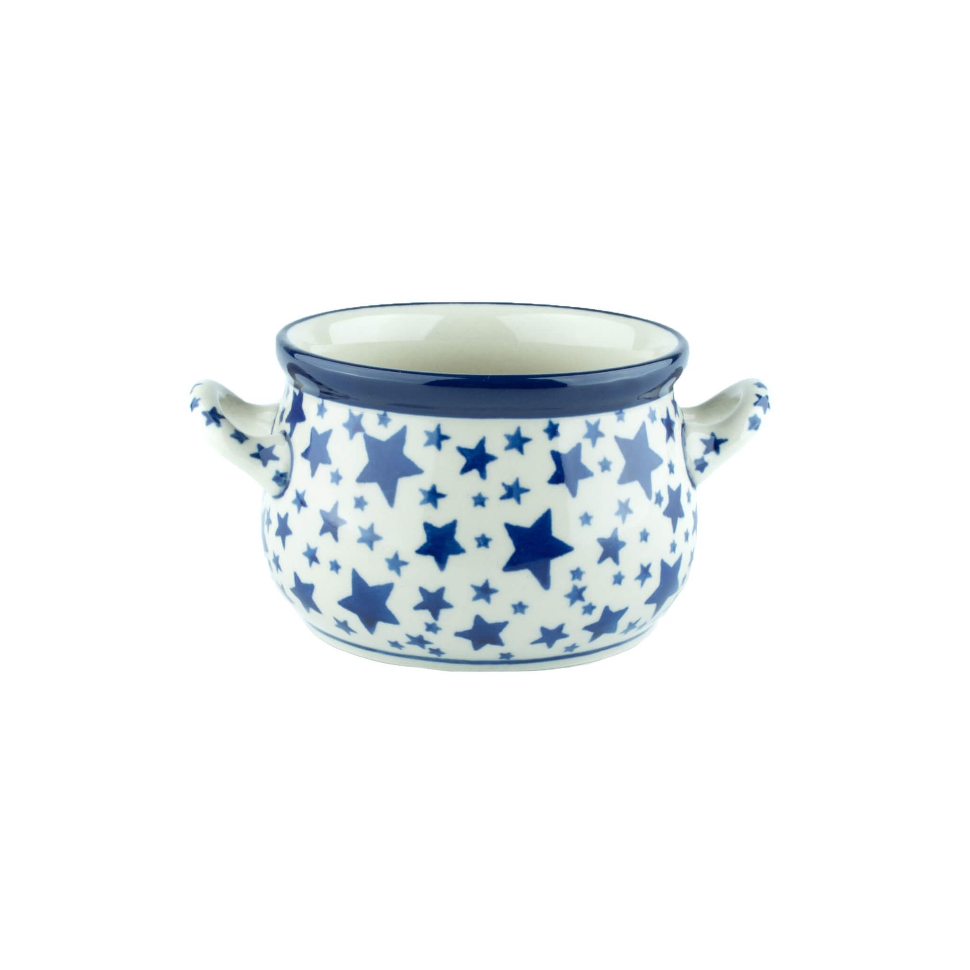 Blauw-witte keramische kom met sterrenpatroon en twee handvatten.