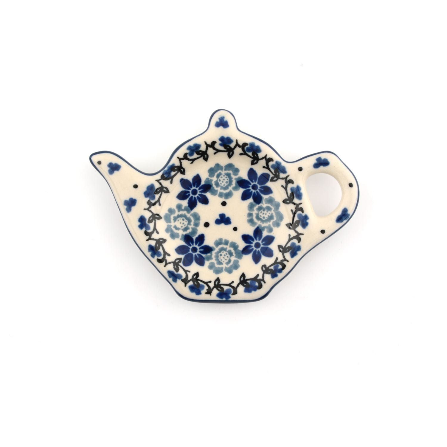 Keramische theezakjeshouder in de vorm van een theepot met een blauw bloemenpatroon op een witte achtergrond.