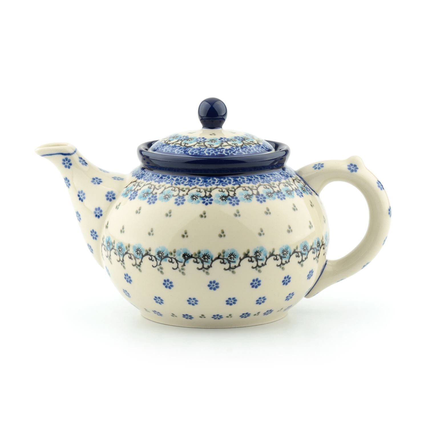 Keramische theepot met blauw bloemenpatroon en donkerblauwe accenten.