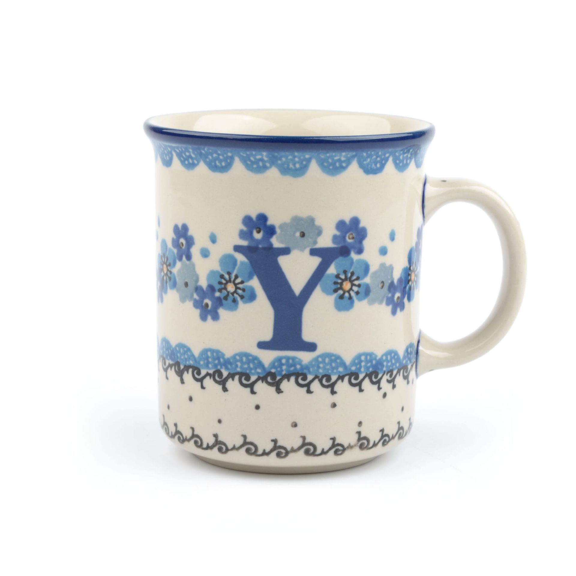 Keramische mok met bloemenpatroon en blauwe letter 