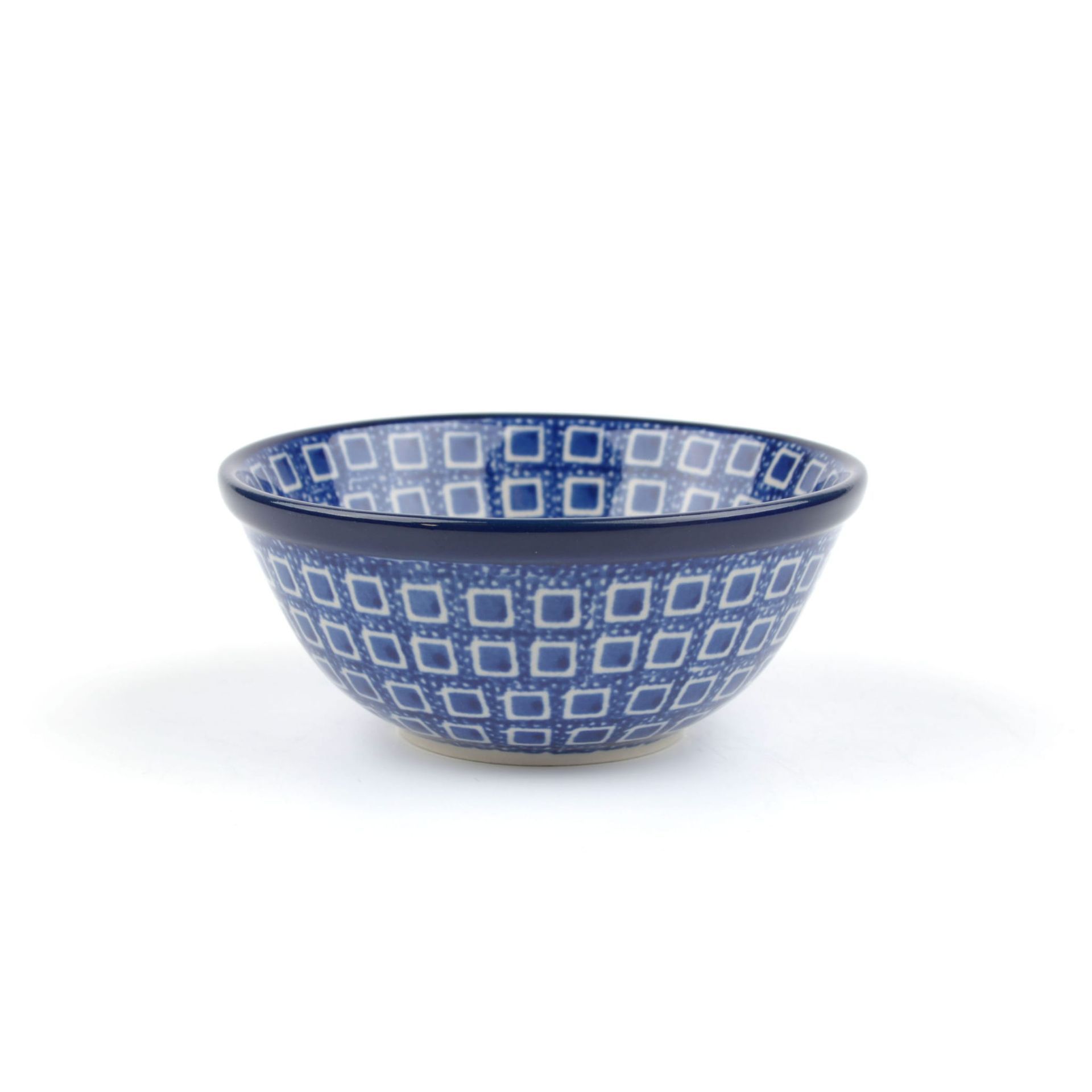 Blauw-wit gestreepte keramische kom.