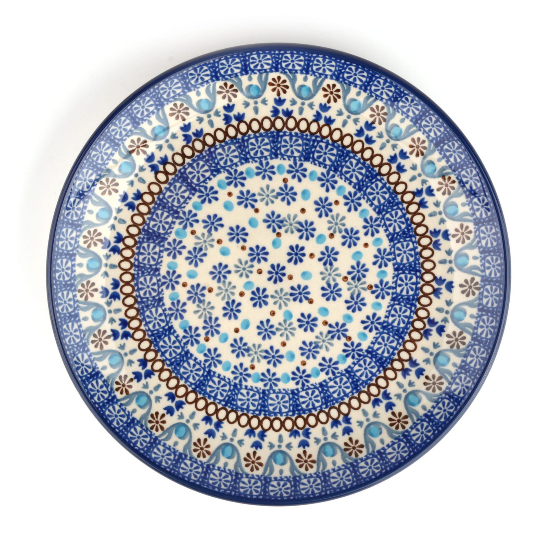 Blauw-wit Pools aardewerk bord met bloemen- en geometrische patronen.