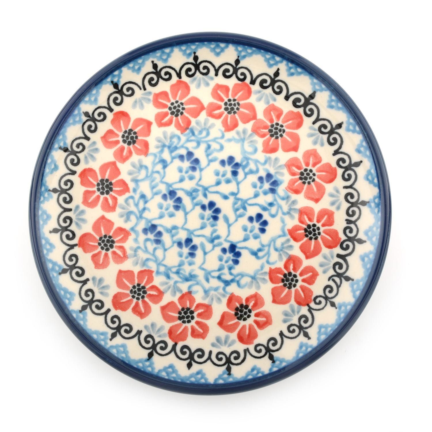 Rond keramisch bord met rood bloemenpatroon en blauwe accenten.