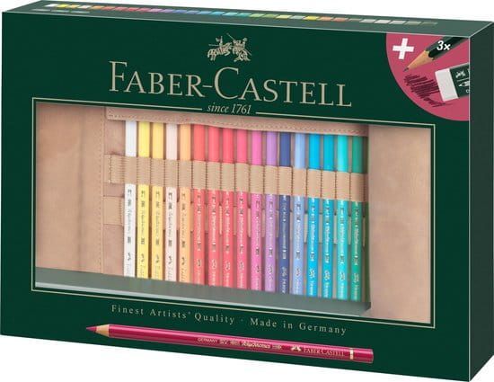 Faber-Castell kleurpotlodenset in een groene doos. Bevat 36 potloden, een gum en een puntenslijper.