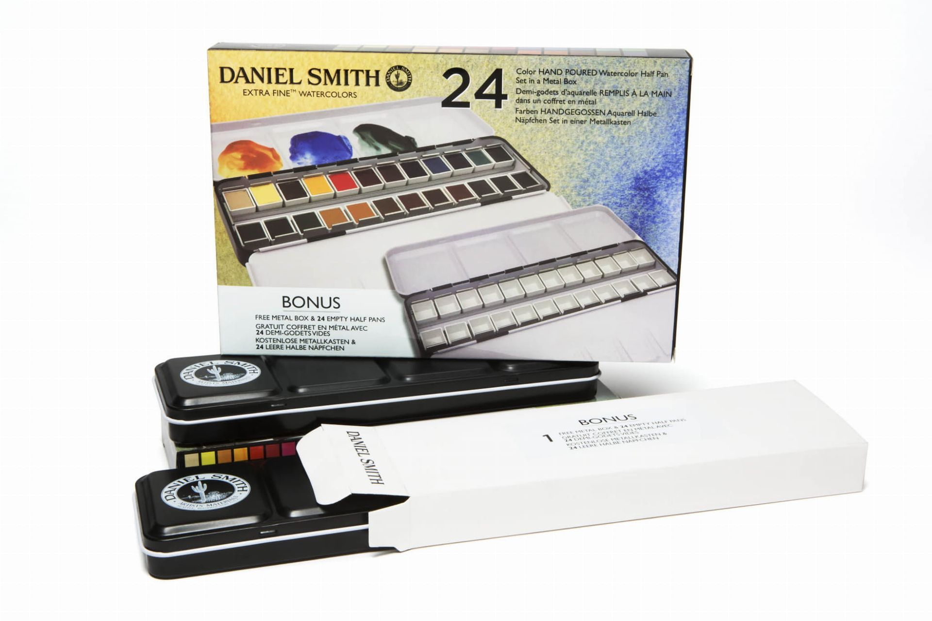 Daniel Smith aquarelverfset met een zwart-wit palet en een doos.