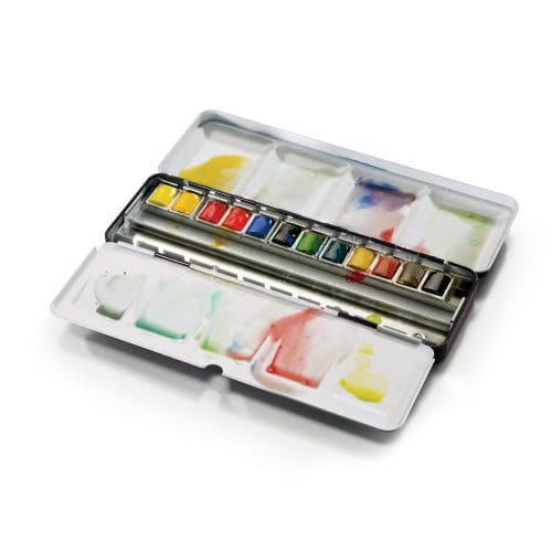 Aquarelverf in een metalen blik, open te maken met de kleuren en mengvakjes.