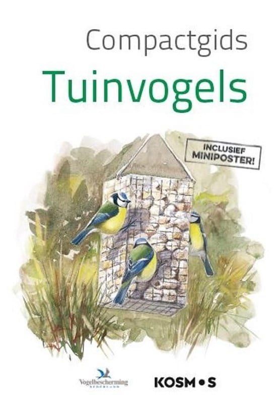 Omslag van een vogelgids. Drie koolmezen bij een stenen vogelhuisje. Tekst: Compactgids Tuinvogels, plus een miniposter.
