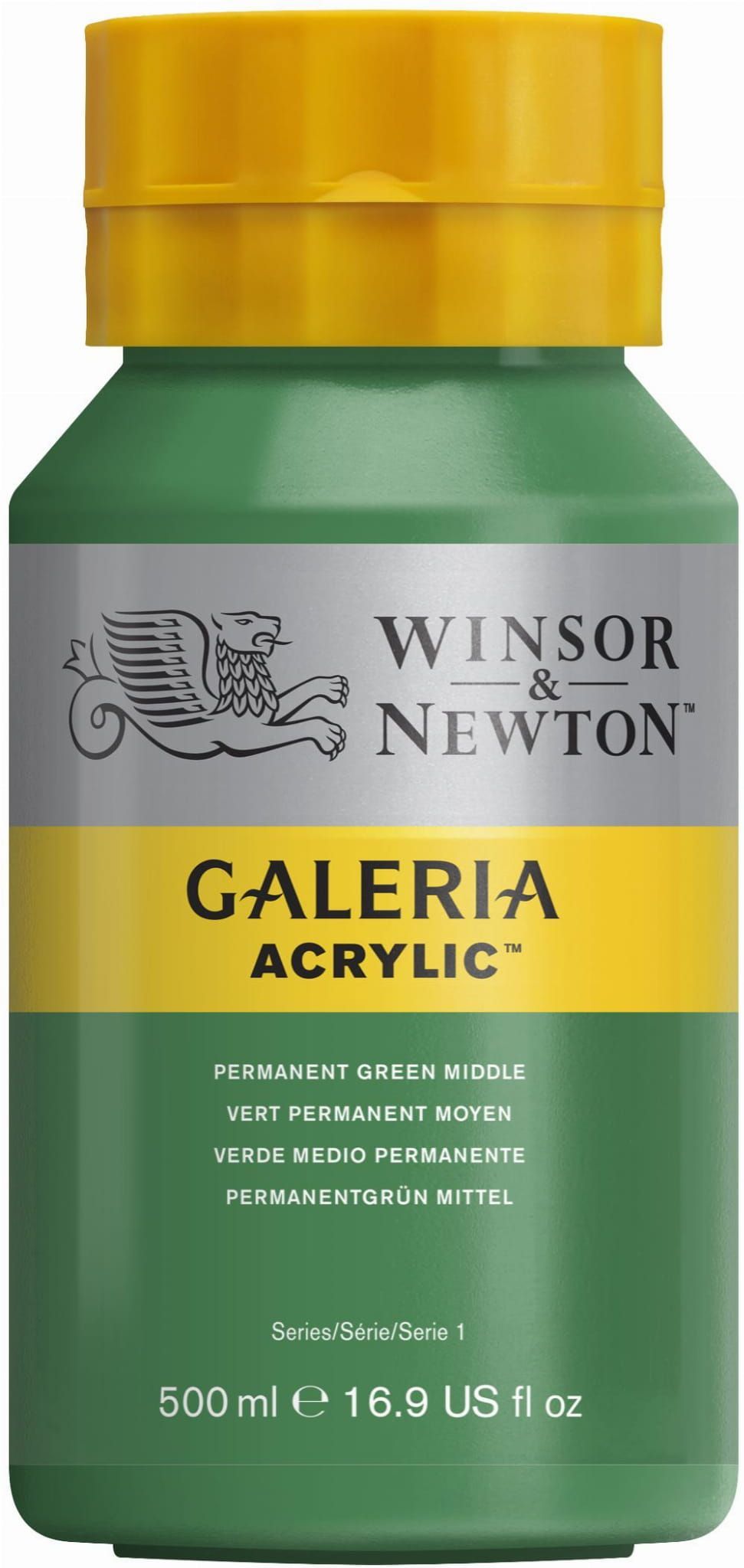 Fles Winsor & Newton Galeria acrylverf in groen, met een gele dop en etiket.
