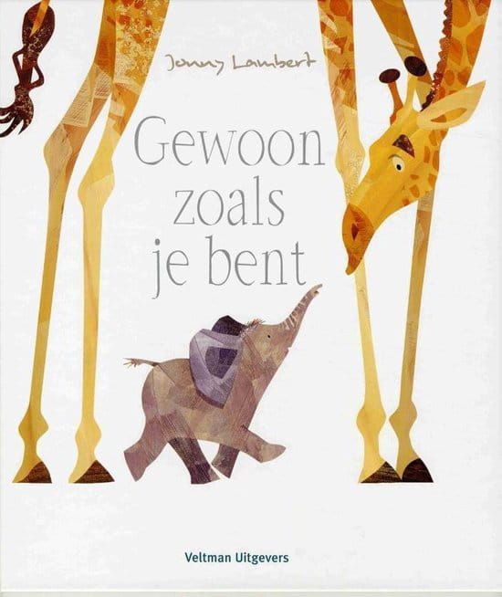 Boekomslag met een giraffe en een olifant. De giraffe kijkt neer op de olifant met zijn slurf omhoog. Tekst: 