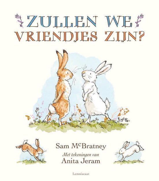 Two rabbits facing each other, in a field. Book cover with title 