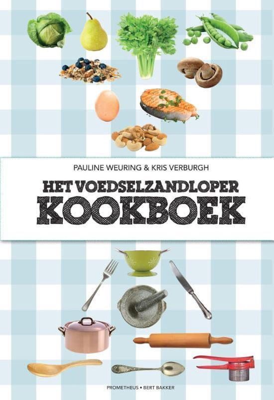 Cookbook cover with food, kitchen tools on blue gingham. Dutch title: 