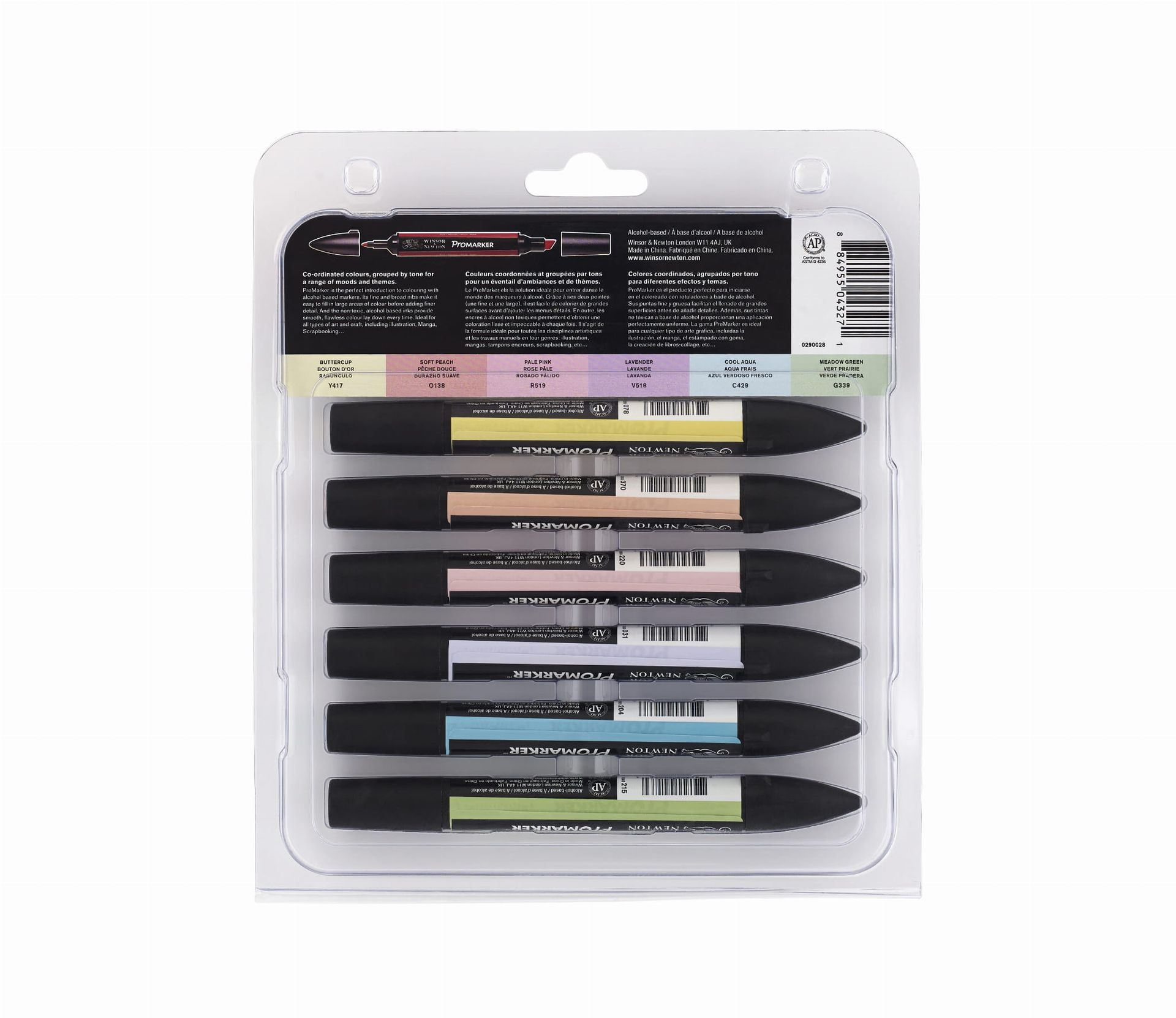 Zes Winsor & Newton Promarker pastelmarkers in een plastic verpakking.