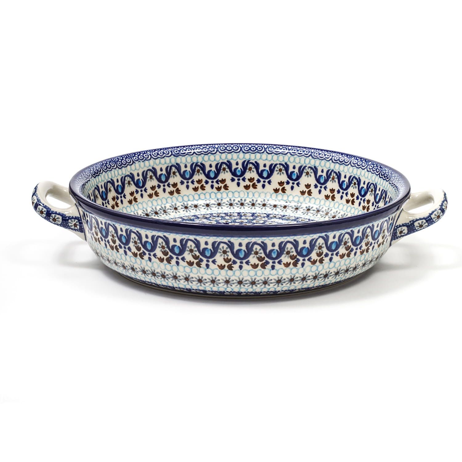 Blauw-witte keramische ovenschaal met decoratief bloemen- en vogelmotief en witte handvatten.
