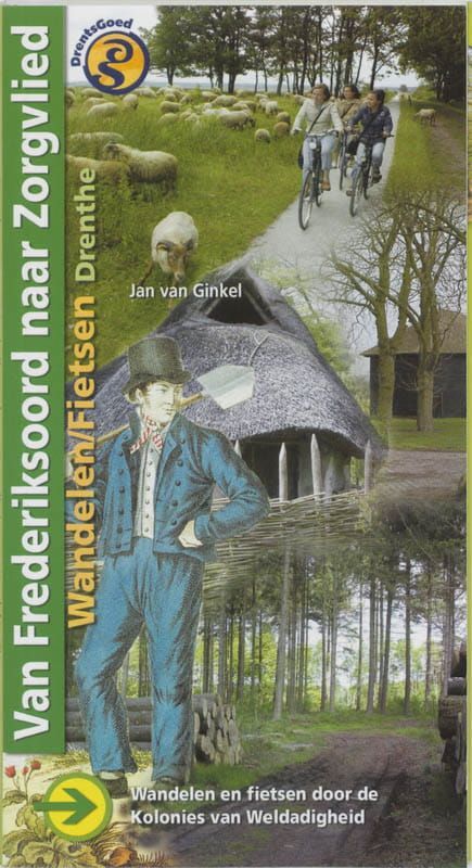 Brochureomslag: Fietsen en wandelen door de kolonie van Drenthe. Illustratie: man, rieten hut, fietsers, schapen. Groene en blauwe tinten.