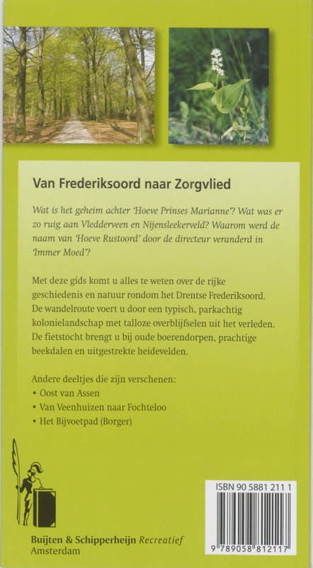 Brochureomslag: Fietsen en wandelen door de kolonie van Drenthe. Illustratie: man, rieten hut, fietsers, schapen. Groene en blauwe tinten.