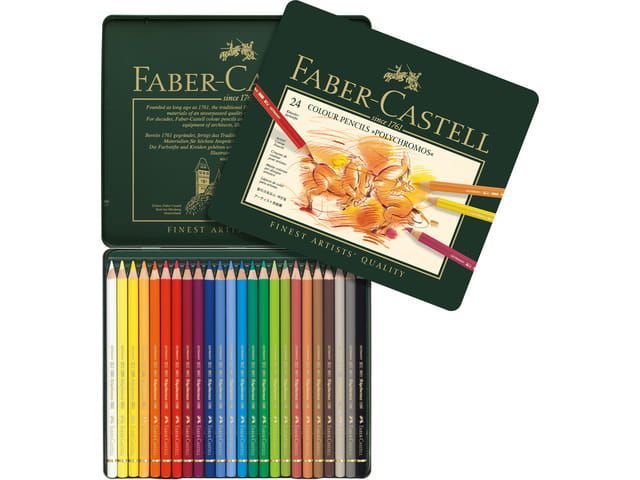 Faber-Castell Polychromos kleurpotlodenset, doos met 24 stuks op een groene achtergrond.