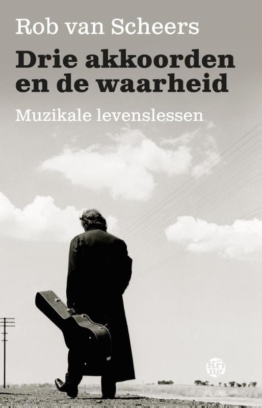 Book cover: Man walking, guitar case, text 