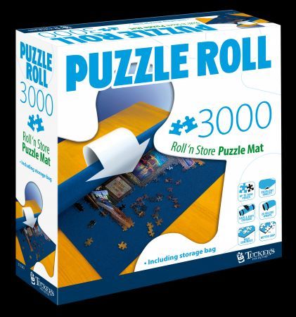 Puzzelrol in doos voor puzzels van 3000 stukjes. Inclusief speelmat en opbergtas. Afbeelding van een gedeeltelijk in elkaar gezette puzzel op een blauwe ondergrond.