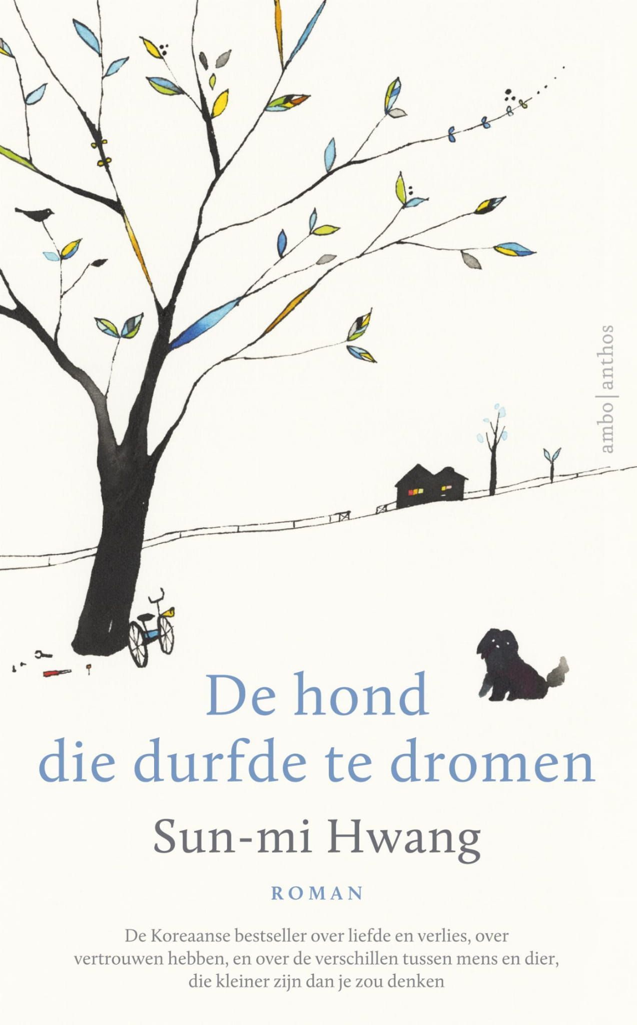 Illustratie van een hond bij een boom, met een huis in de verte; boekomslag voor 