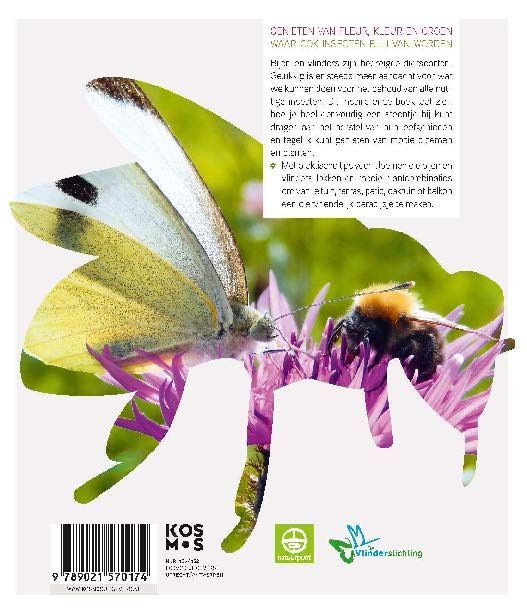Boekomslag met een vlinder en een bij op een bloem, titel 