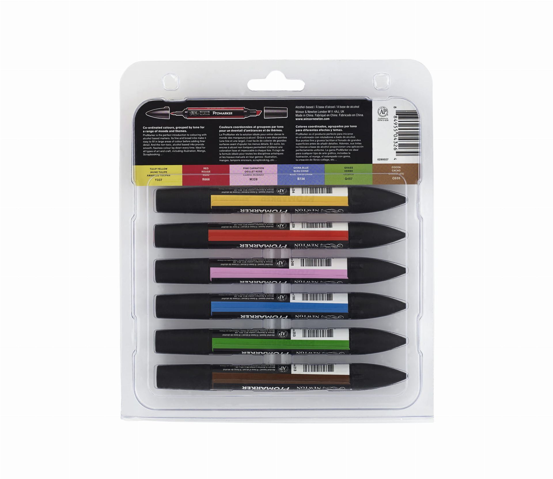Een verpakking van zes Winser & Newton ProMarker tekenmarkers in een plastic verpakking.