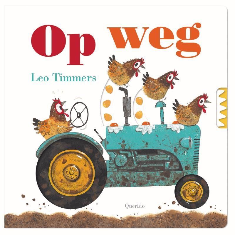 Kippen op een turquoise tractor, met bovenaan de Nederlandse titel 