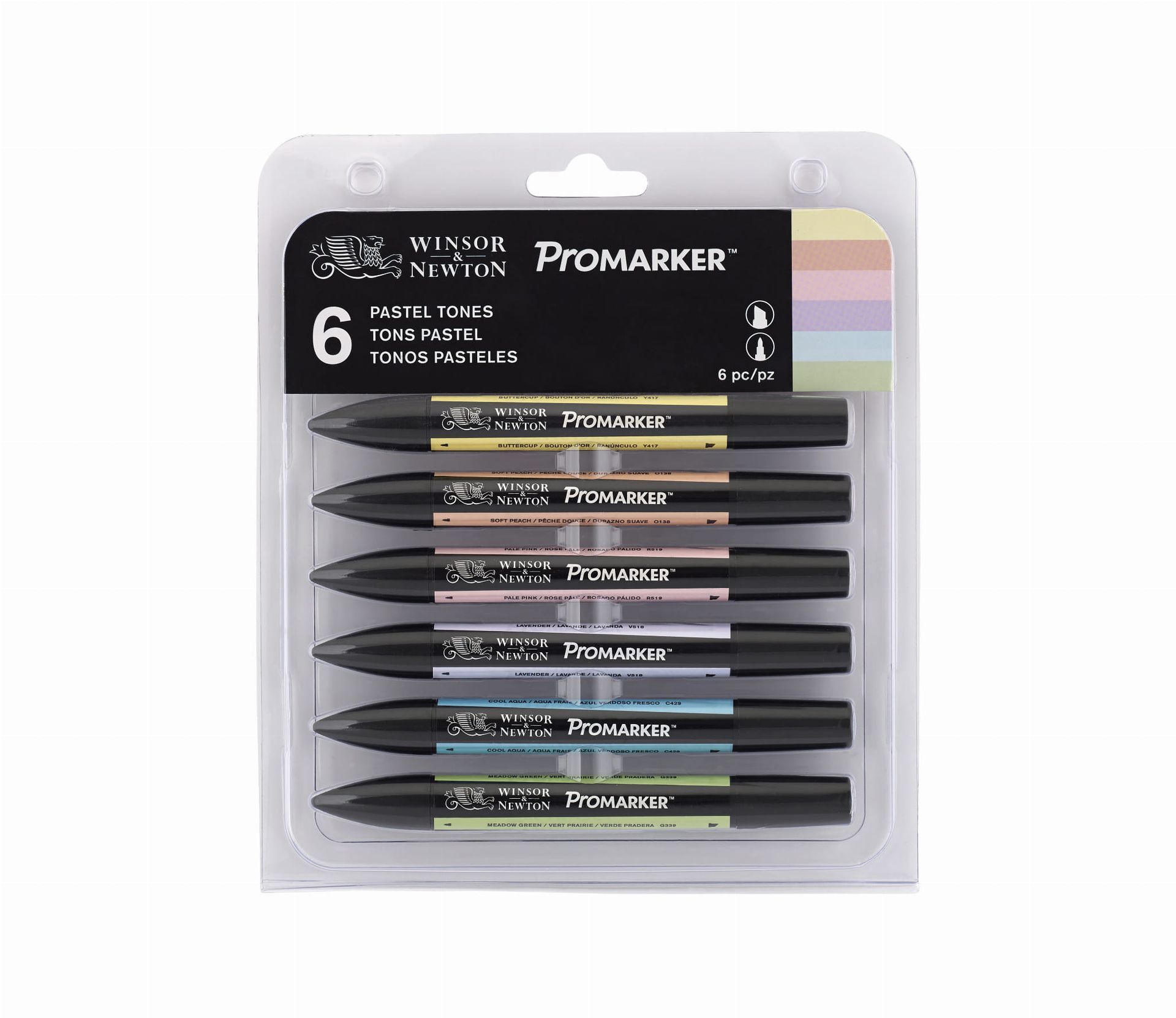 Zes Winsor & Newton Promarker pastelmarkers in een plastic verpakking.