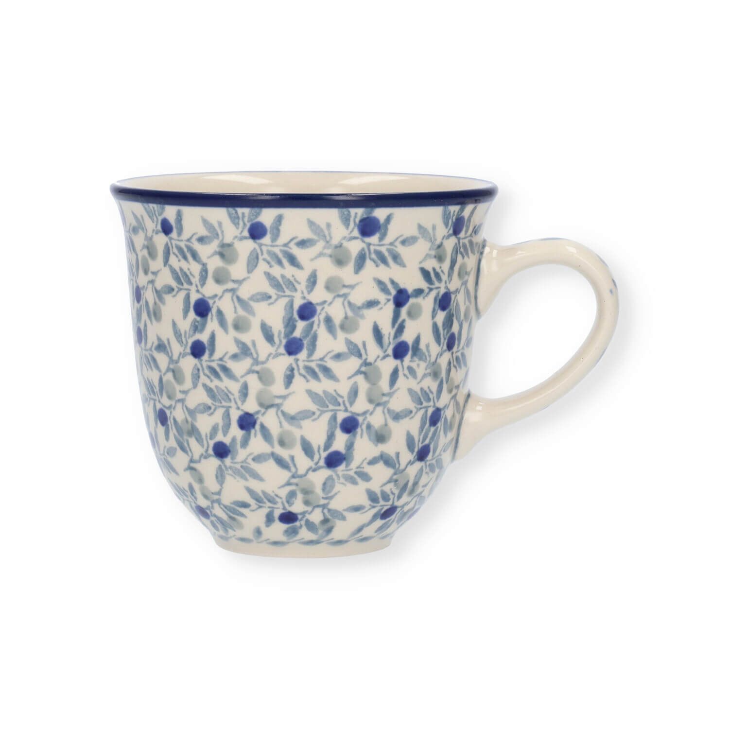 Blauw-witte keramische mok met olijftakkenpatroon.