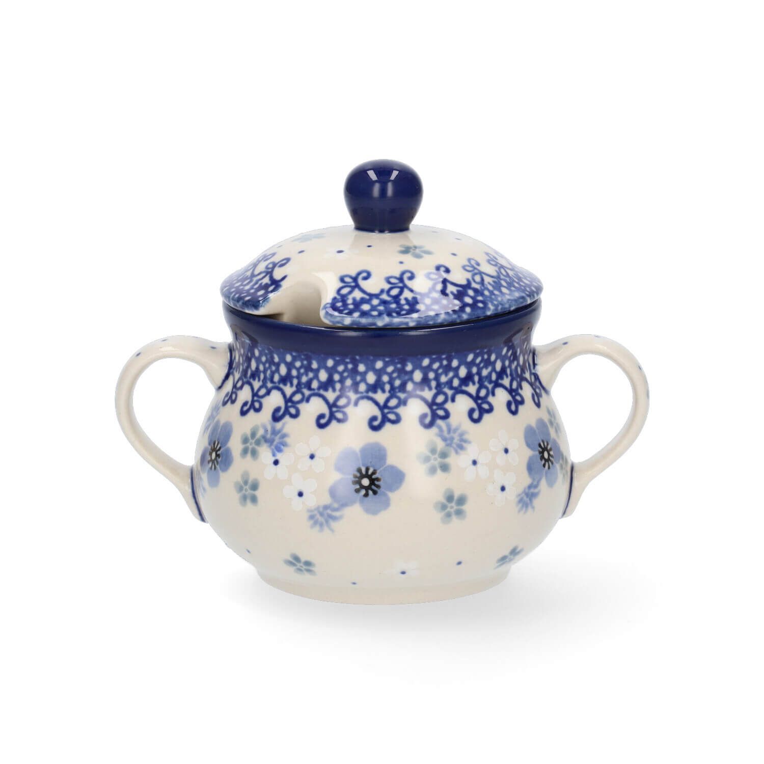 Blauw-witte keramische suikerpot met deksel en handvatten, met bloemenpatroon.