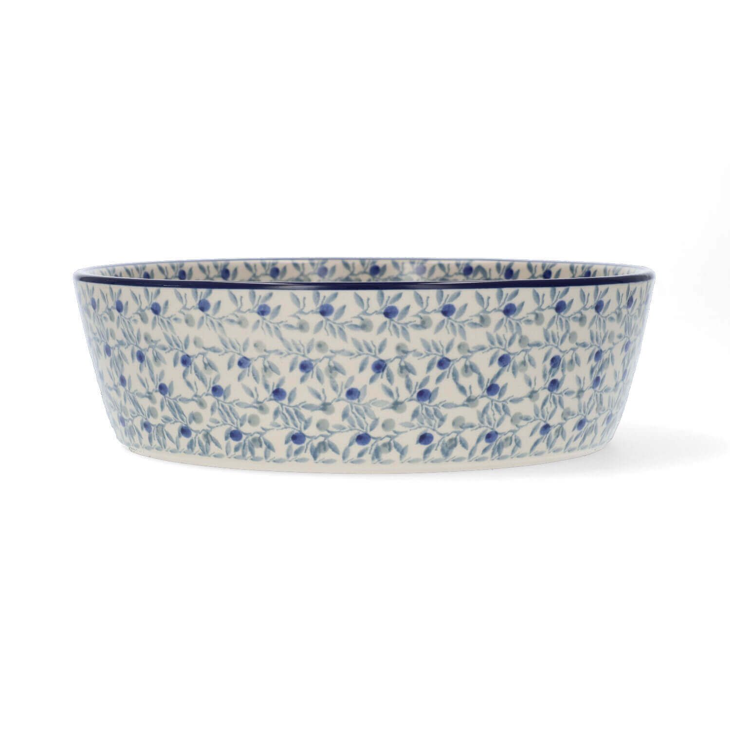 Ovale keramische serveerschaal met blauw bloemenpatroon.