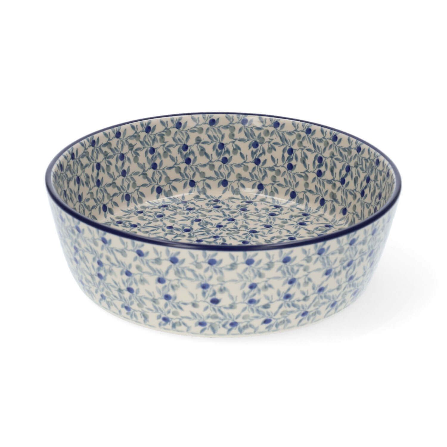Ovale keramische serveerschaal met blauw bloemenpatroon.