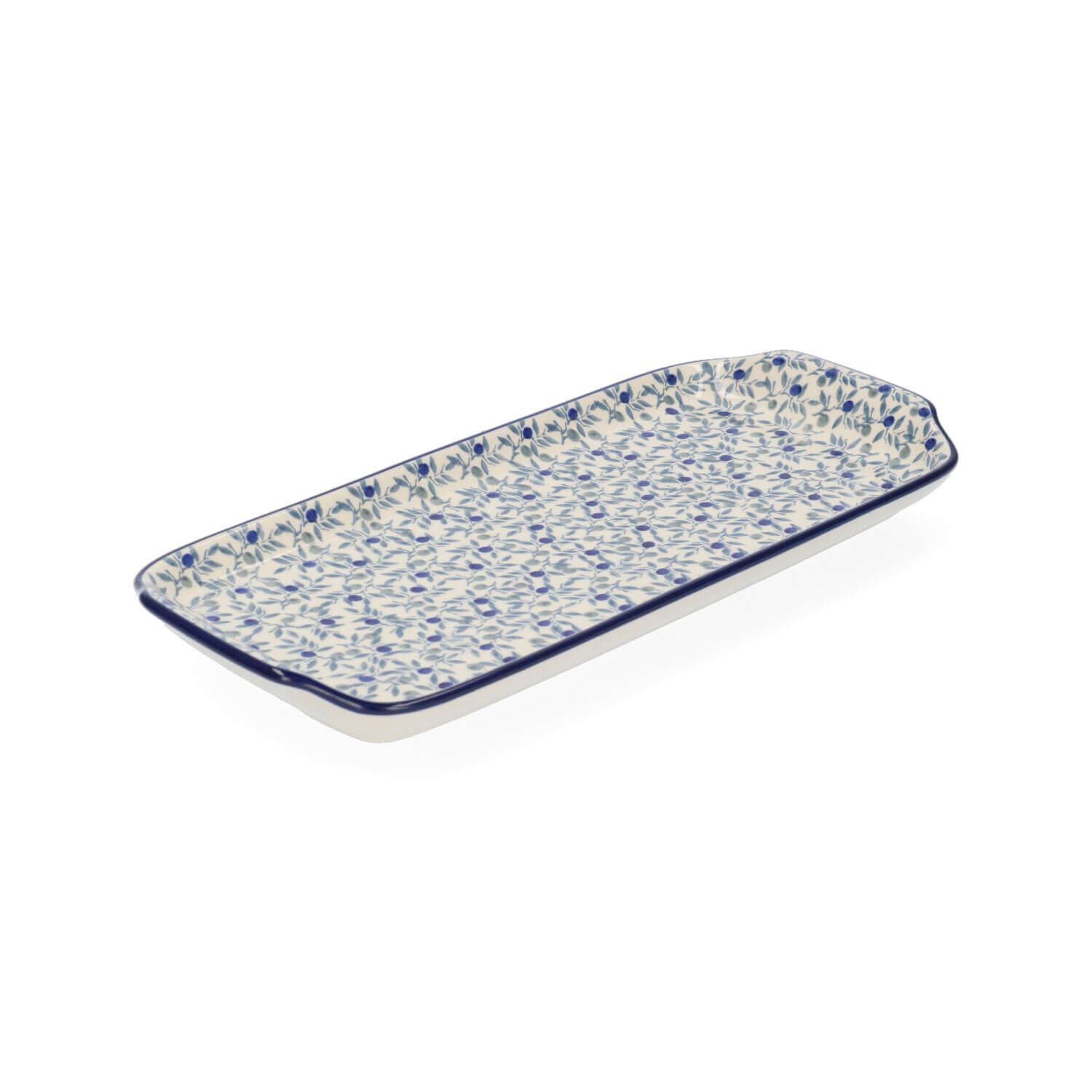 Rechthoekige keramische serveerschaal met blauw bloemenmotief op een witte achtergrond.
