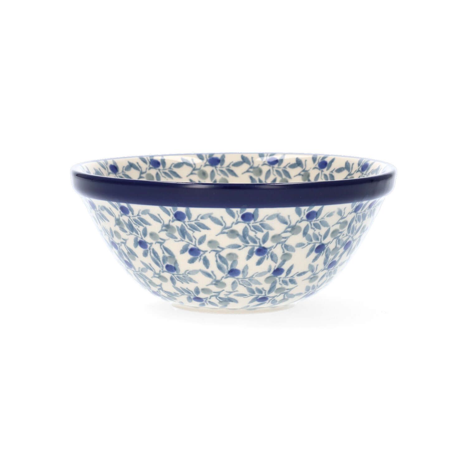 Blauw-witte keramische kom met bloemenpatroon en donkerblauwe rand.