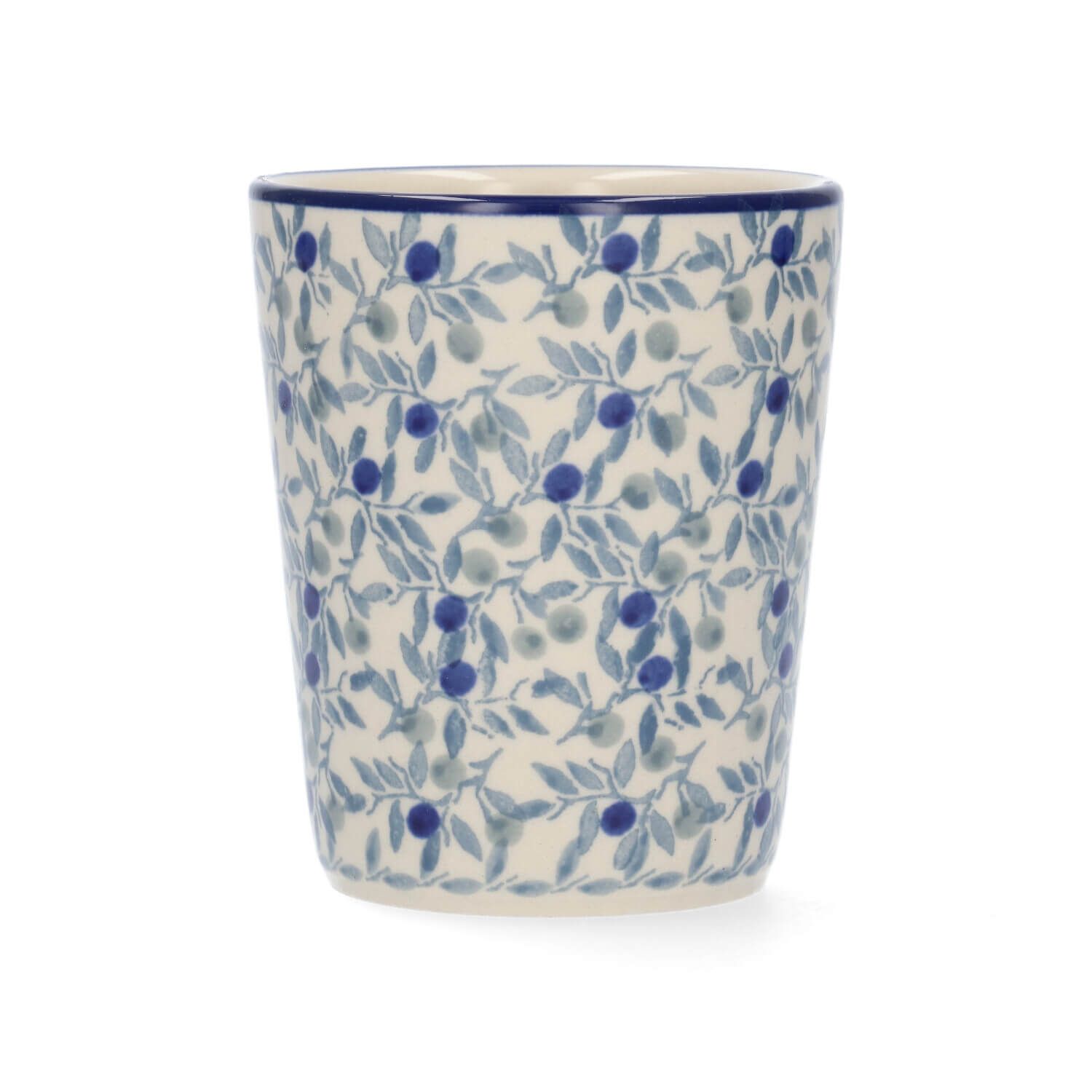 Keramisch drinkglas met blauw-wit patroon en een opstaande rand.