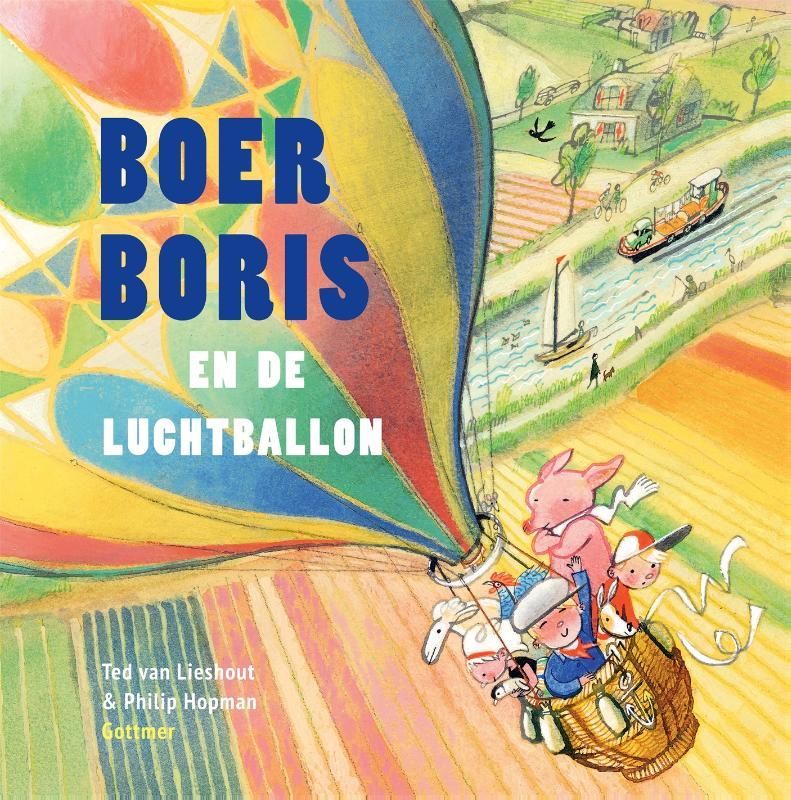 Omslagontwerp voor een Nederlands kinderboek. Boer Boris en zijn vrienden maken een ritje in een kleurrijke luchtballon boven een boerenlandschap.
