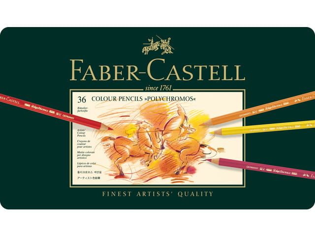Groene Faber-Castell kleurpotlodendoos met 36 potloden, versierd met afbeeldingen en potloden die vanuit het midden naar buiten stralen.