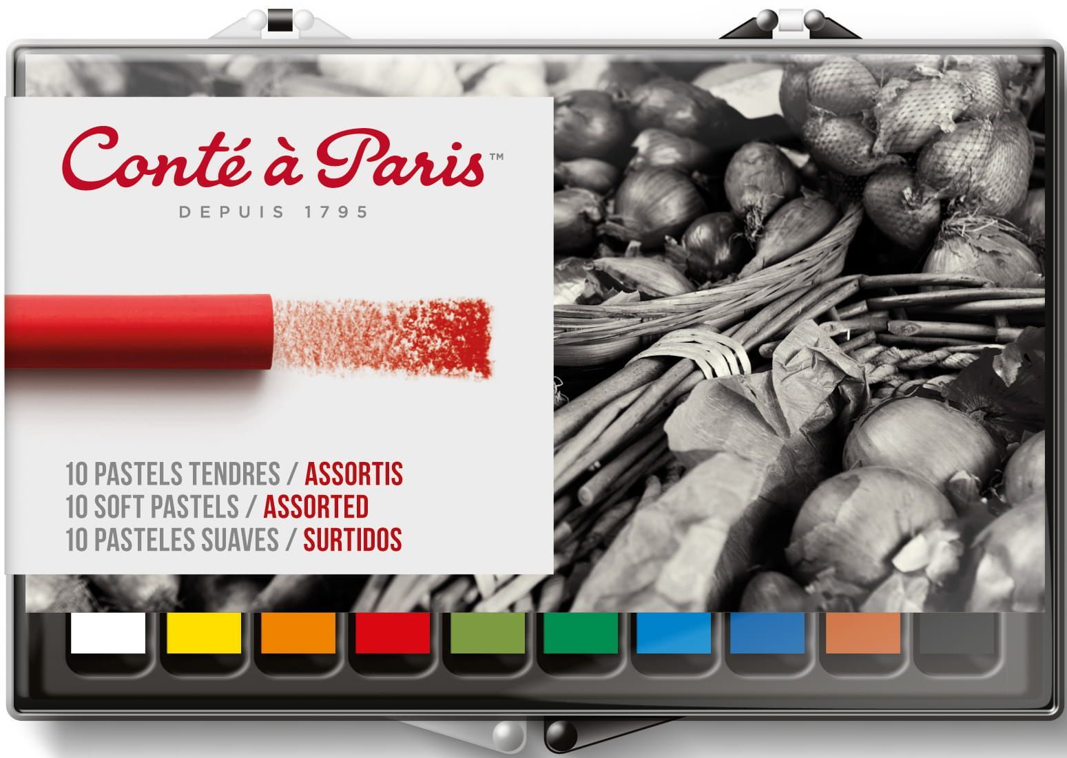 Conte à Paris pastelset. Bevat een rode pastelstift en een zwart-wit afbeelding. Diverse kleuren hieronder.