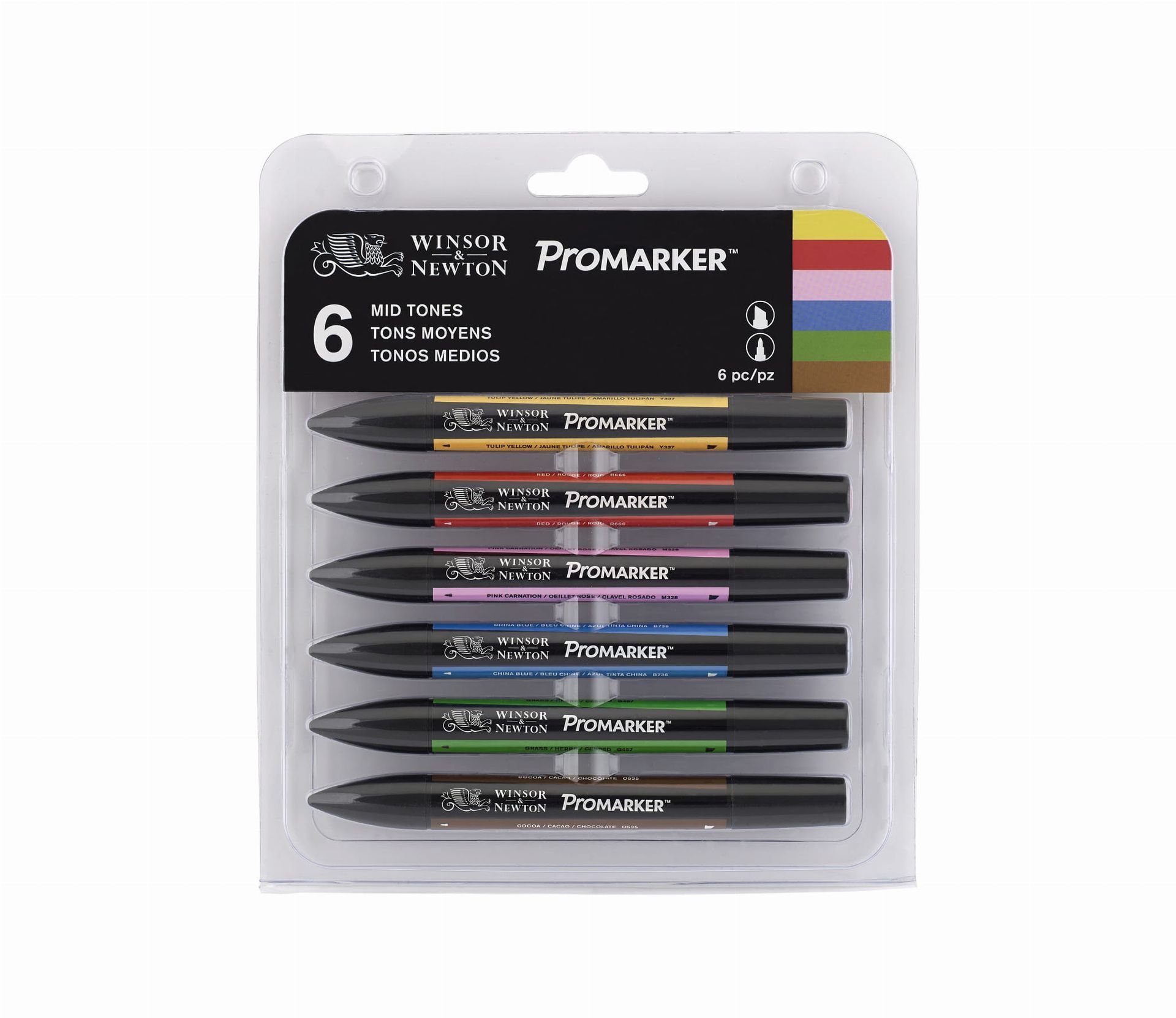 Een verpakking van zes Winser & Newton ProMarker tekenmarkers in een plastic verpakking.