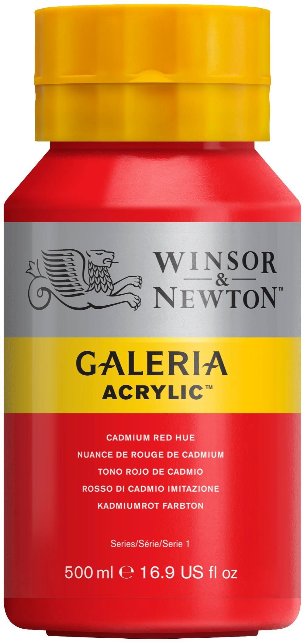 Rode fles Winsor & Newton Galeria acrylverf met gele dop.