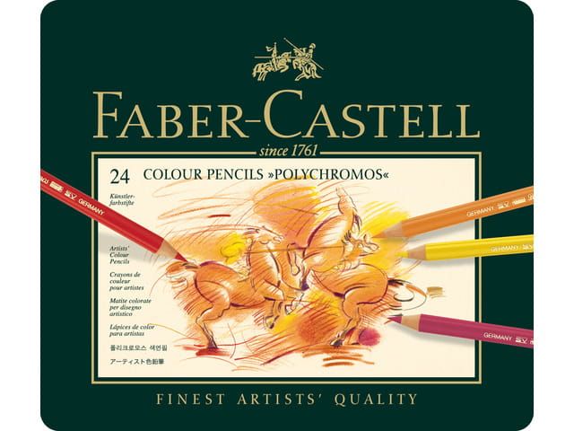 Faber-Castell Polychromos kleurpotlodenset, doos met 24 stuks op een groene achtergrond.