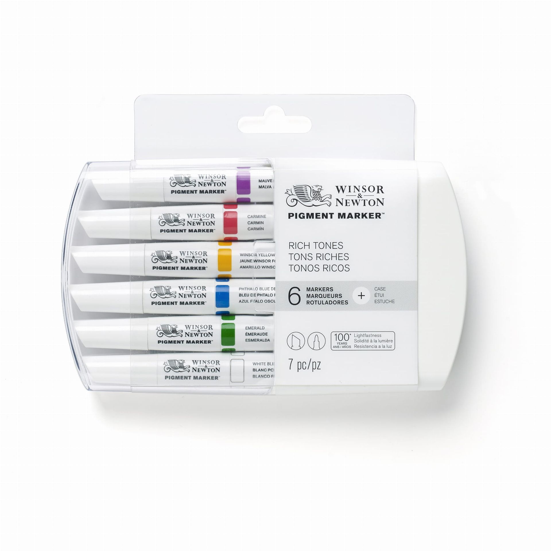 Witte verpakking met zes Winsor & Newton pigmentmarkers. Elke marker heeft een gekleurde punt en dop.