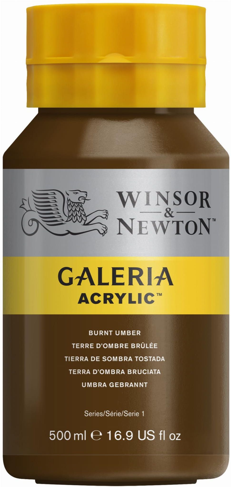 Een fles Winsor & Newton Galeria acrylverf. Bruine verf met geel etiket en gele dop.