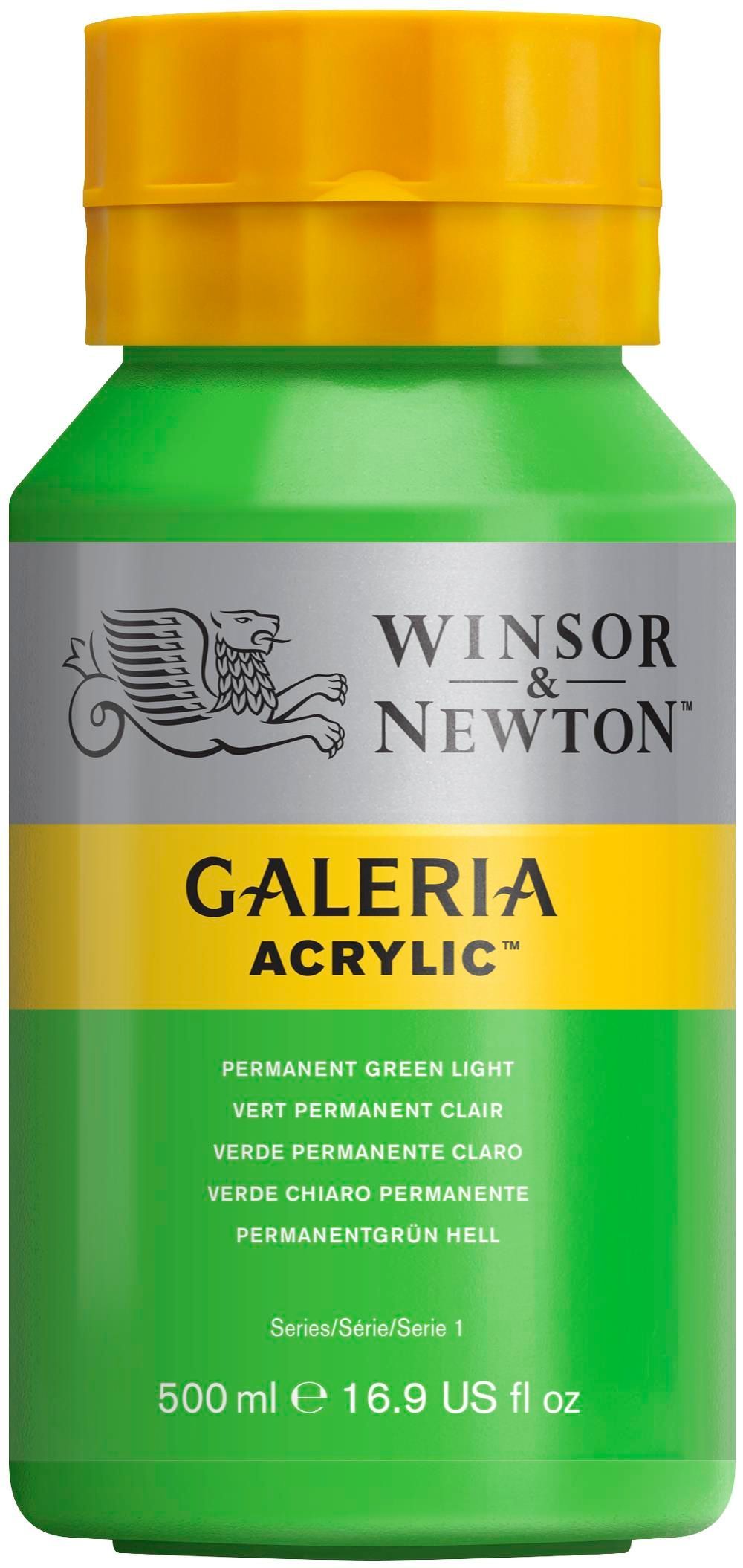 Groene fles Winsor & Newton Galeria acrylverf, gele dop, zilverkleurig en geel etiket.